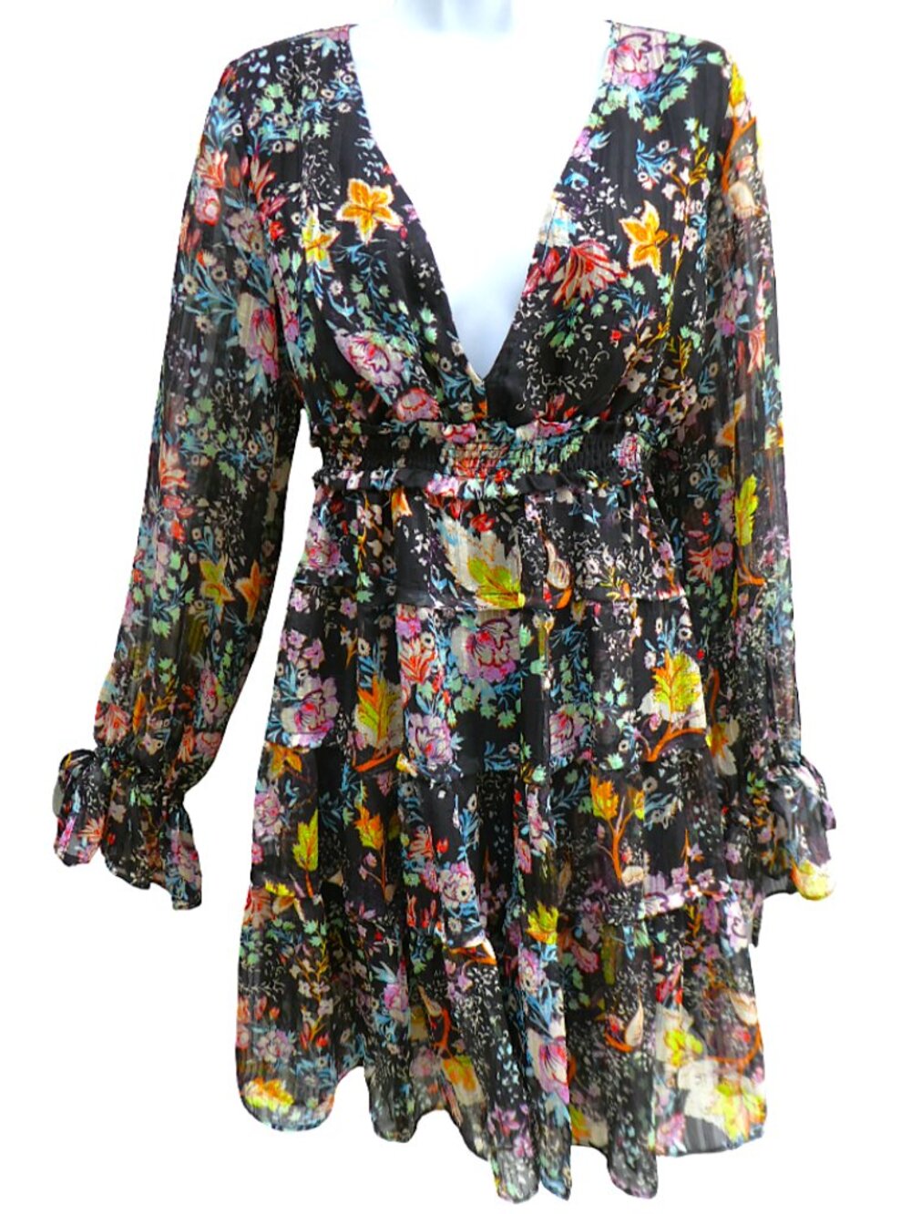 Free People Closer to the Heart Mini Dress Floral V Neck Blouson Sleeves Tiered